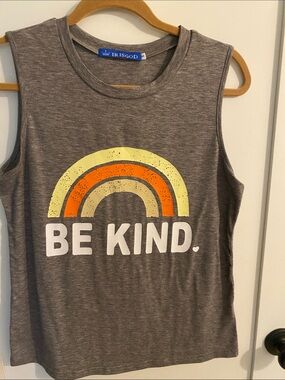 Gray Tank Top with Yellow & Orange Rainbow 'BE KIND'